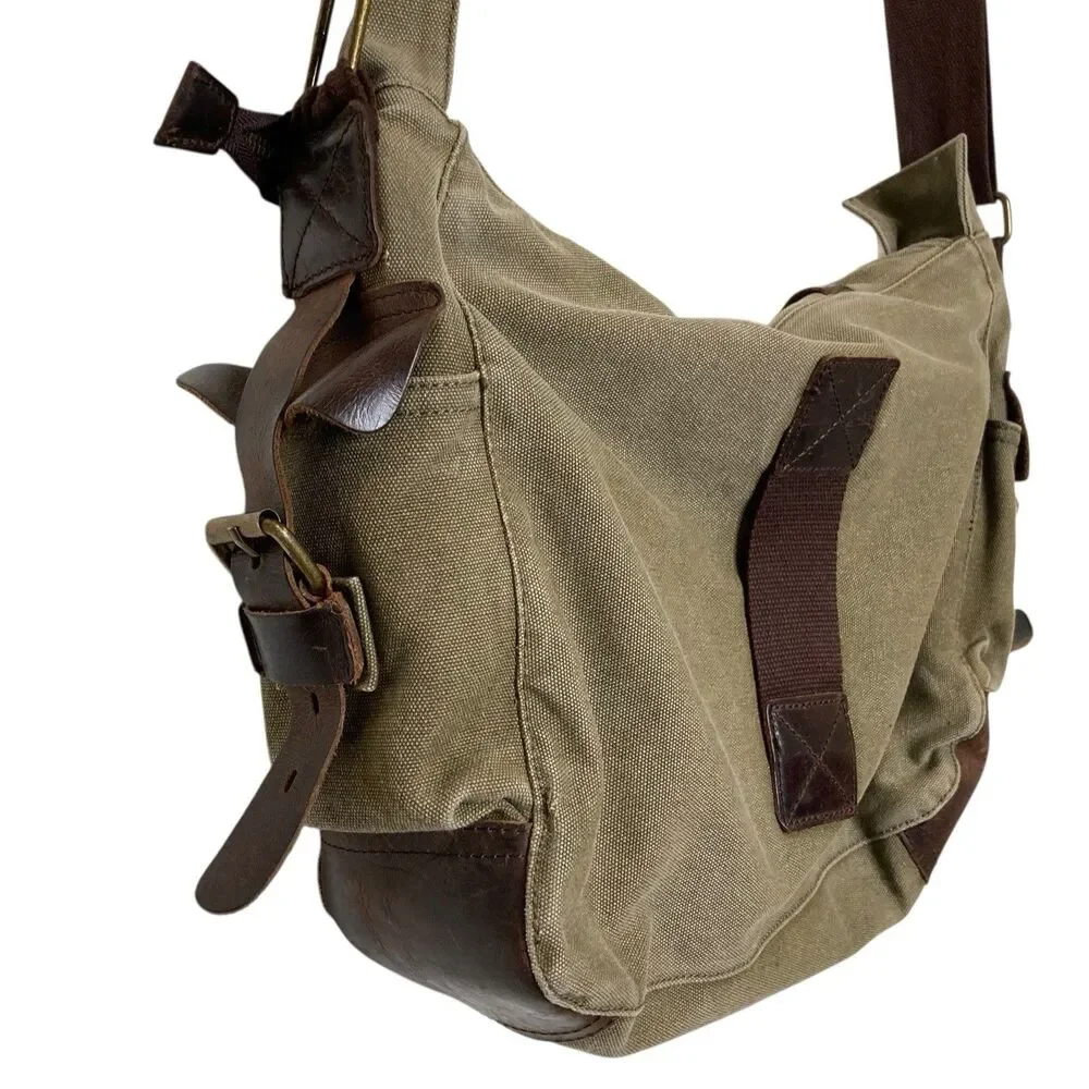 Vintage Military Leather Canvas Laptop Bag Messenger Army Green Adjustable Strap